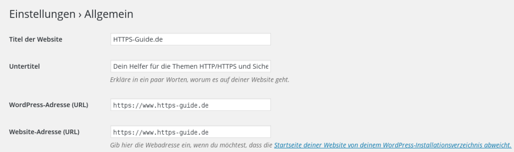 Wordpress Optionen für HTTPS